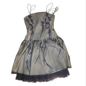 vintage Marlena special occassion spaghetti strap navy blue sequin mini dress